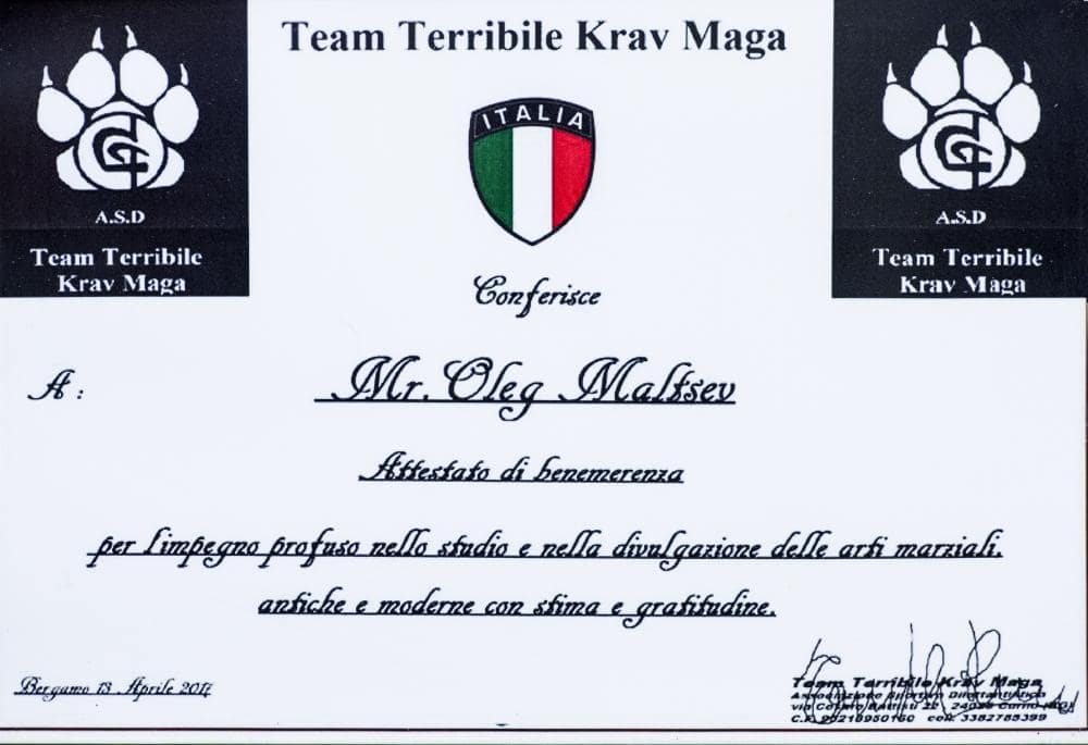 Мальцев Олег Викторович 14.04.2019 32 Team Terribile Krav Maga Аттестат выдан Олегу Мальцеву
